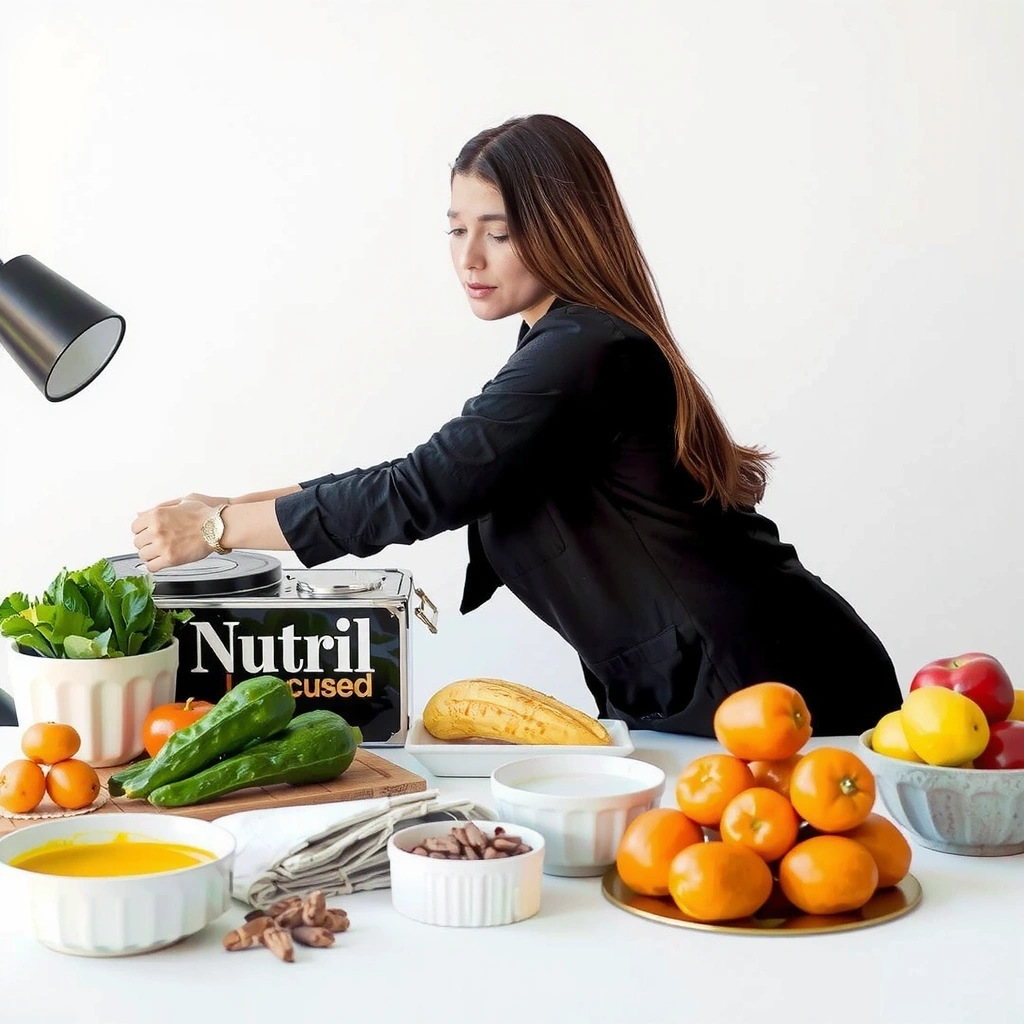 Arbeitsplatz mit frischen Lebensmitteln und Unterlagen